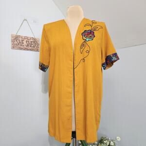 Asriel Vintage Mustard Yellow Embroidered Short Sleeve Open Cardigan Size Large
